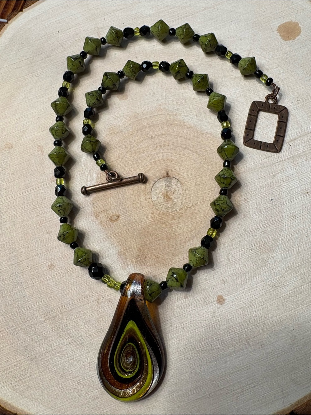 Artisan made lampwork glass pendant bead necklace with toggle clasp closure